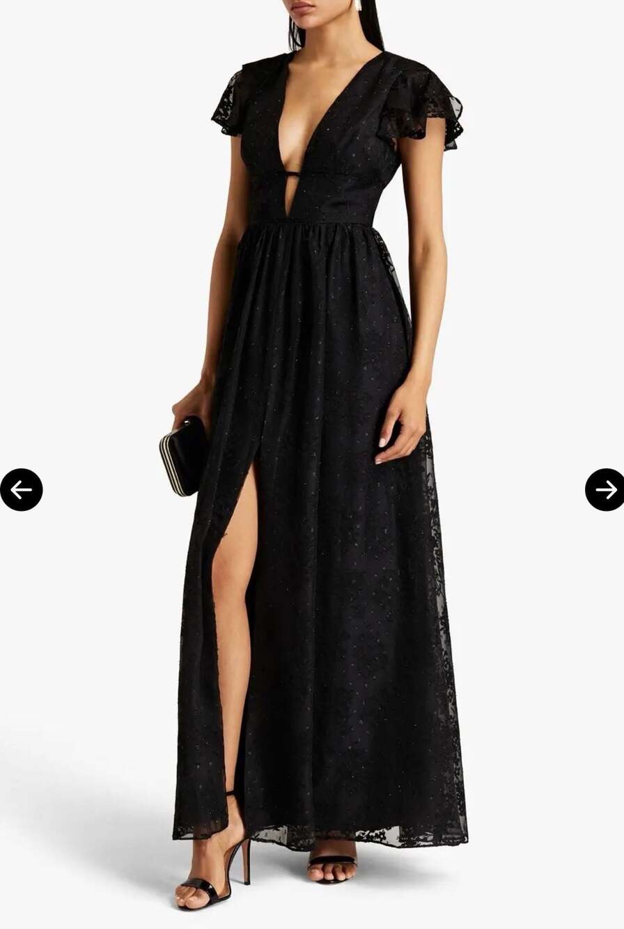 Aidan Mattox Black Floral Embroidered Flutter Sleeve Maxi Dress Size 2